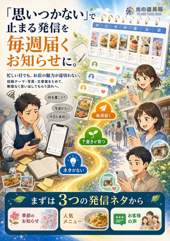 SNS投稿が続かないお店に、毎週発信できる仕組みをのチラシ