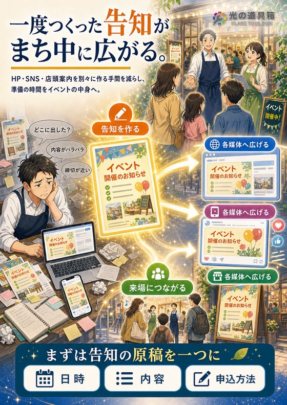 イベント告知を一度作れば、HP・SNS・店頭案内までまとめて更新のチラシ