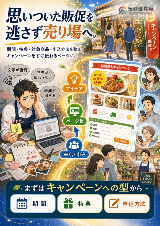 キャンペーン情報を迷わず出せる、集客ページ運用の始め方のチラシ