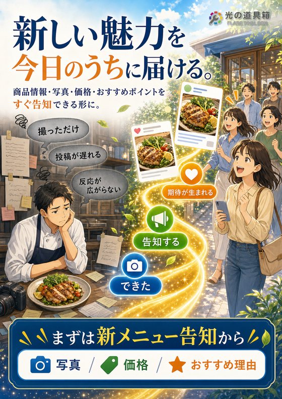 新商品・新メニューの告知を、今日からすぐ出せる形にのチラシ