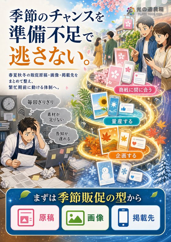 季節商戦に間に合う、販促ページと投稿素材の量産体制のチラシ