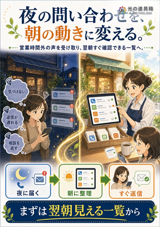営業時間外の問い合わせにも、翌朝すぐ返せる状態を作るのチラシ