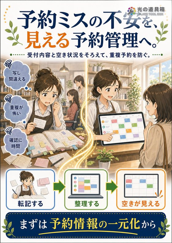 予約台帳の転記ミスを減らして、ダブルブッキングを防ぐのチラシ