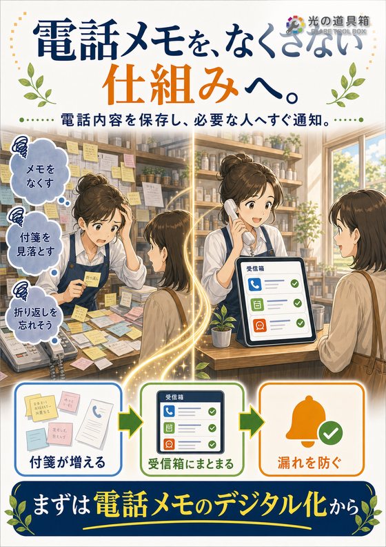 電話メモの紙管理をやめて、対応漏れをなくすのチラシ