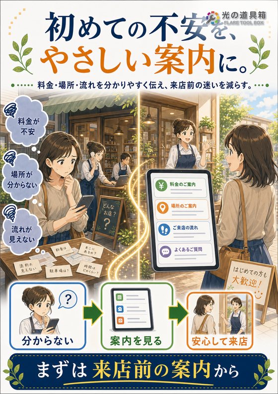 来店前の不安を減らす、やさしい問い合わせ導線づくりのチラシ