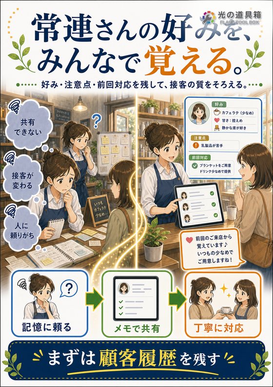 常連さんの好みを覚えて、接客の質を上げるのチラシ