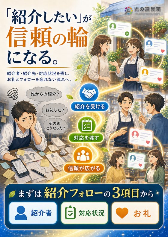 紹介したくなるお店にするための顧客フォロー管理のチラシ