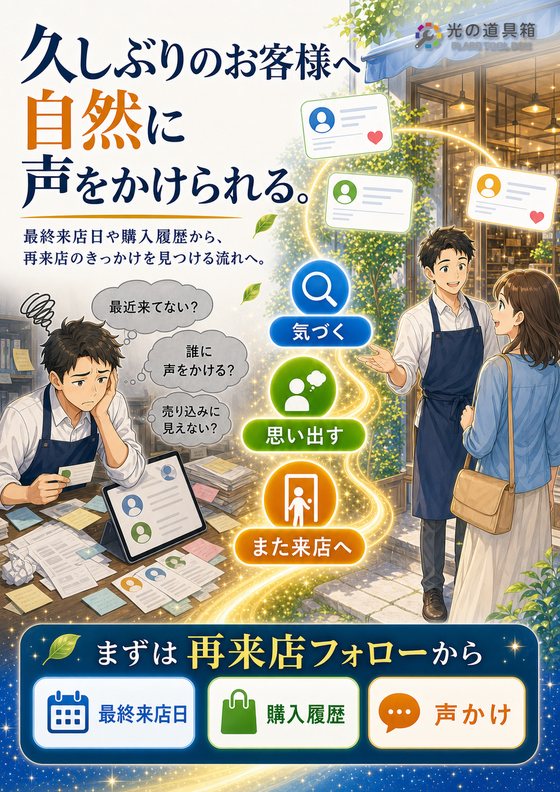 久しぶりのお客様に自然に声をかけられる仕組みのチラシ