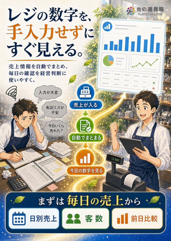 レジの売上を手入力しないで、毎日の数字をすぐ確認のチラシ
