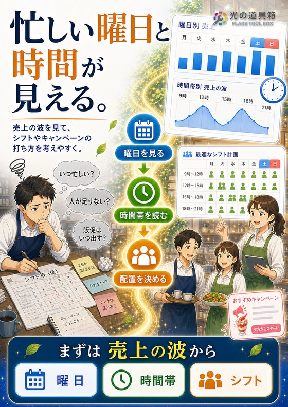 曜日・時間帯ごとの売上を見て、シフトと販促を考えるのチラシ