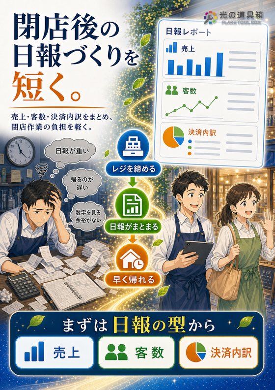 売上日報を自動でまとめて、閉店後の作業を短くするのチラシ