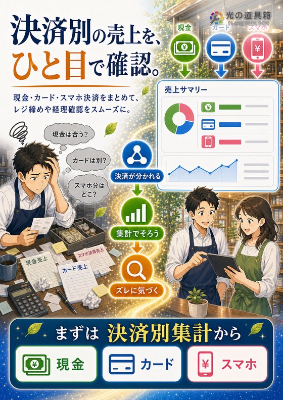 現金・カード・QR決済の売上をまとめて確認するのチラシ