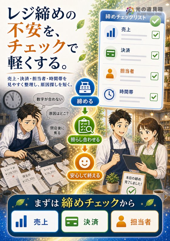 レジ締めの不安を減らす、売上チェックの仕組みのチラシ