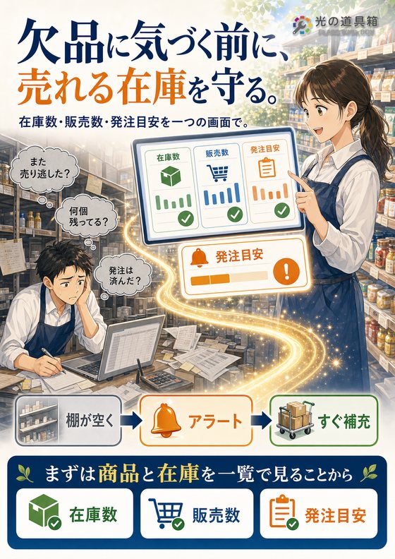 在庫切れで売り逃さないための、在庫見える化のチラシ