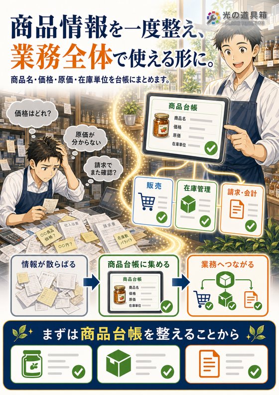 商品登録を整えて、販売・在庫・請求をつなげるのチラシ