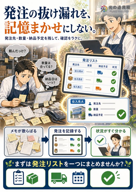 発注漏れを防ぐ、かんたん仕入れ管理のチラシ