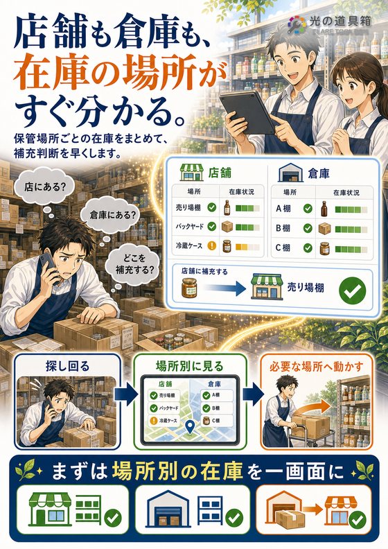 店舗と倉庫の在庫を一つの画面で確認するのチラシ