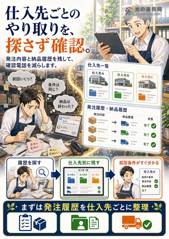 仕入先ごとの発注履歴を残して、確認作業をラクにするのチラシ