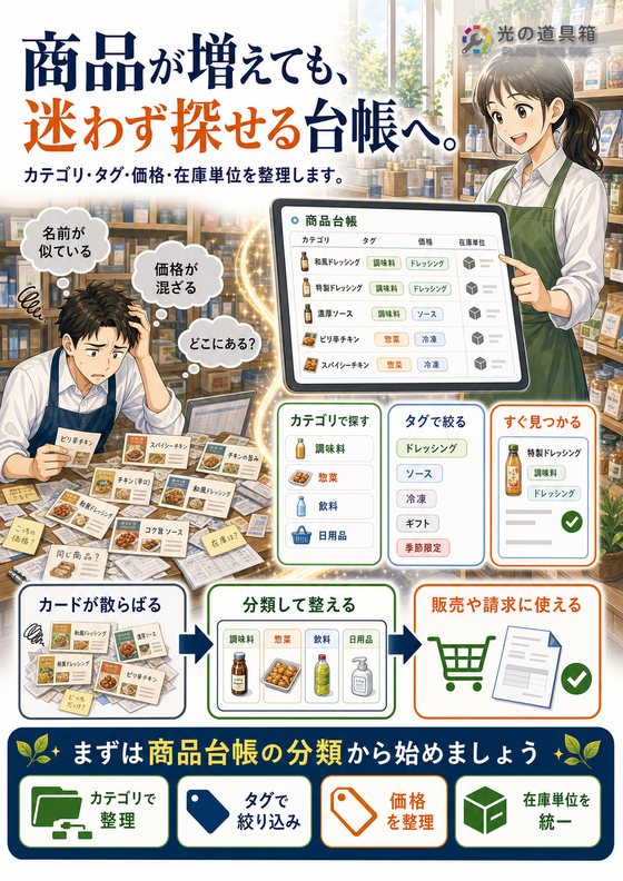 商品数が増えても迷わない、商品台帳づくりのチラシ