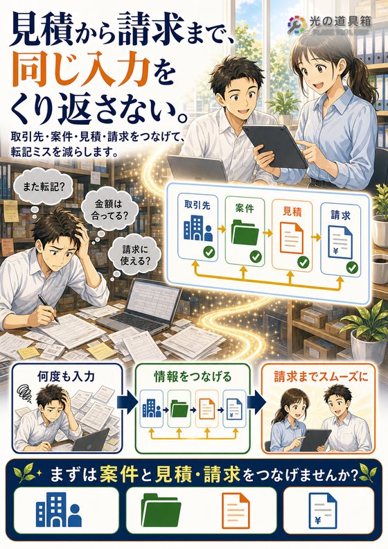 見積から請求まで、同じ情報を何度も入力しないのチラシ