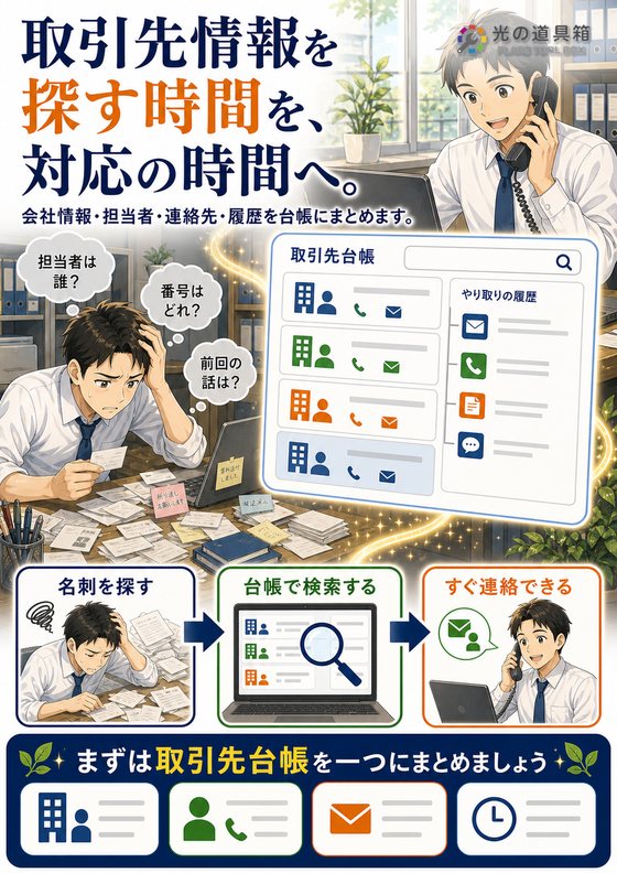 取引先情報をまとめて、誰でもすぐ連絡できる状態にのチラシ