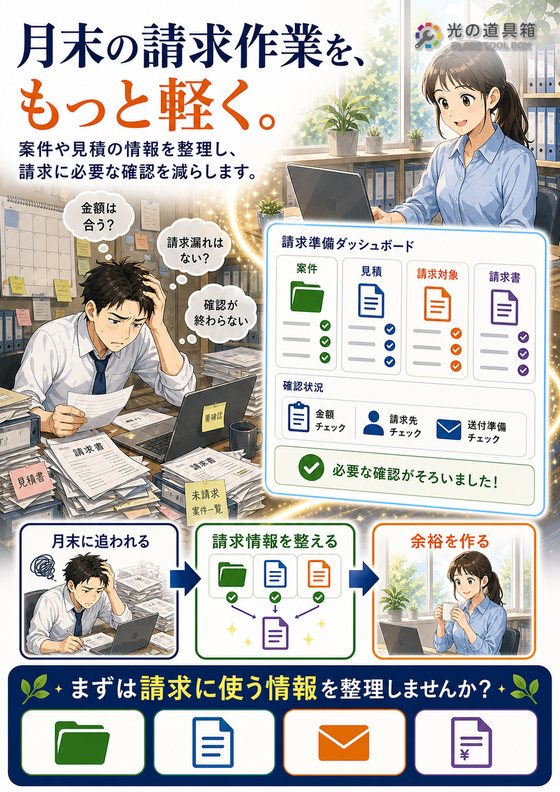 請求書作成の手間を減らして、月末をラクにするのチラシ