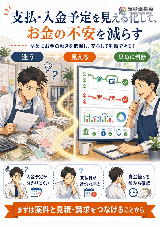 支払・入金予定を見える化して、お金の不安を減らすのチラシ
