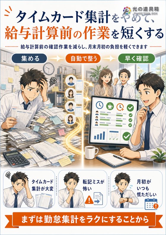 タイムカード集計をやめて、給与計算前の作業を短くするのチラシ