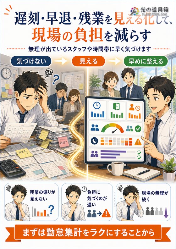 遅刻・早退・残業を見える化して、現場の負担を減らすのチラシ