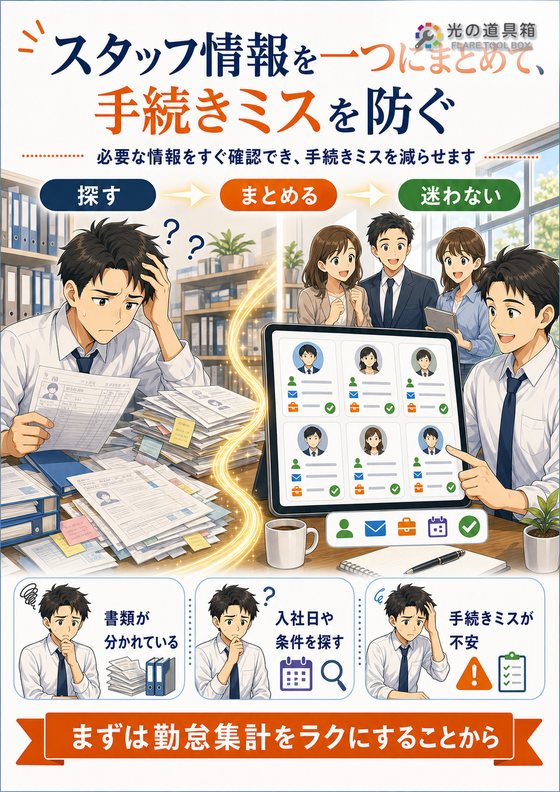 スタッフ情報を一つにまとめて、手続きミスを防ぐのチラシ