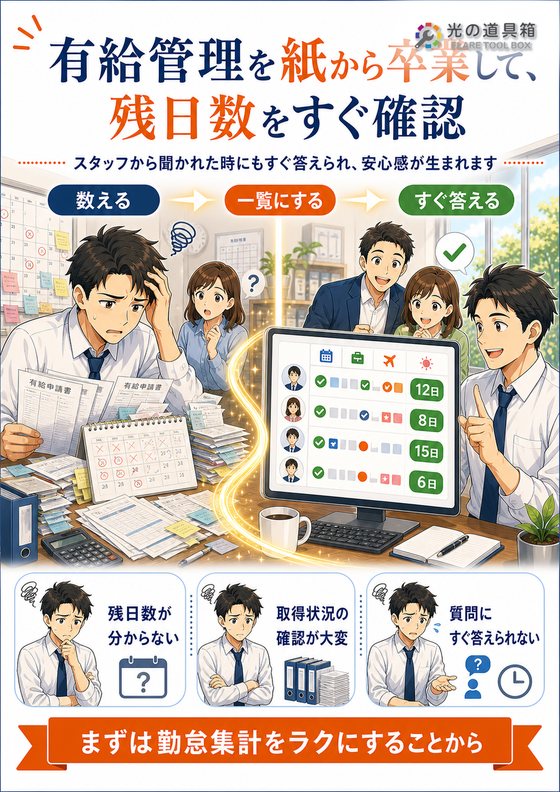 有給管理を紙から卒業して、残日数をすぐ確認のチラシ