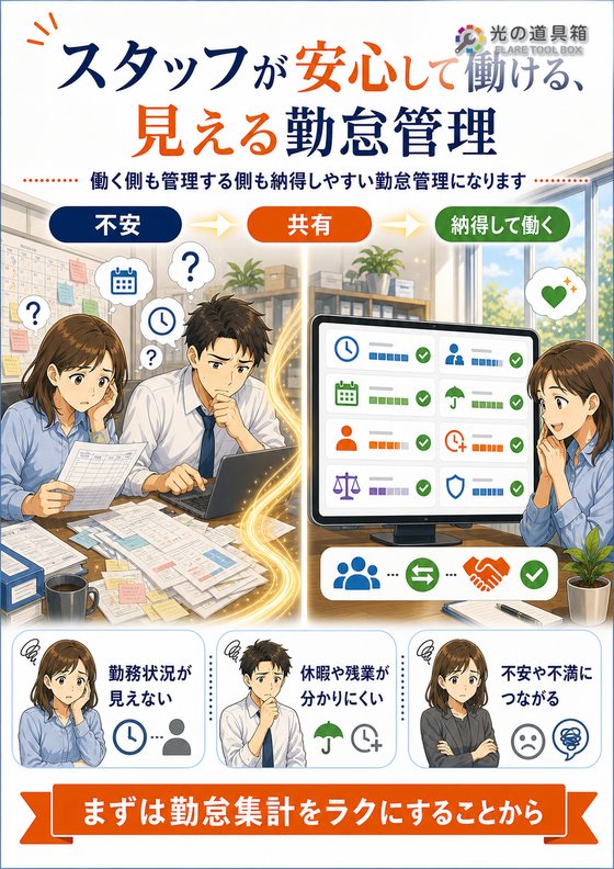 スタッフが安心して働ける、見える勤怠管理のチラシ