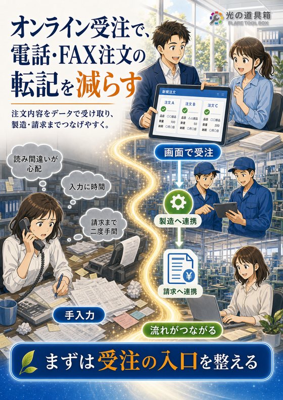 オンライン受注で、電話・FAX注文の転記を減らすのチラシ
