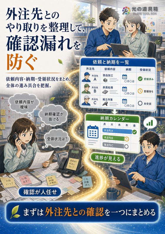 外注先とのやり取りを整理して、確認漏れを防ぐのチラシ