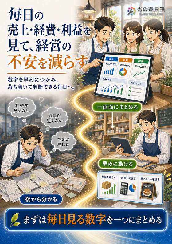 毎日の売上・経費・利益を見て、経営の不安を減らすのチラシ