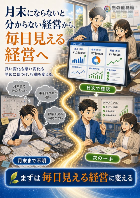 月末にならないと分からない経営から、毎日見える経営へのチラシ