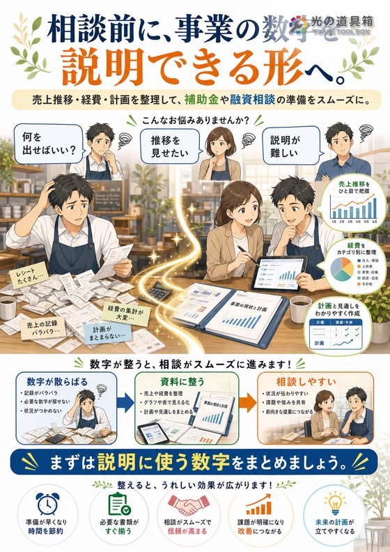 補助金・融資相談にも使える、事業の数字整理のチラシ