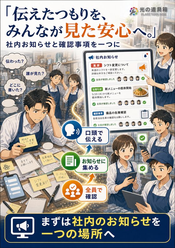 スタッフへの伝達漏れを減らす、社内お知らせ管理のチラシ
