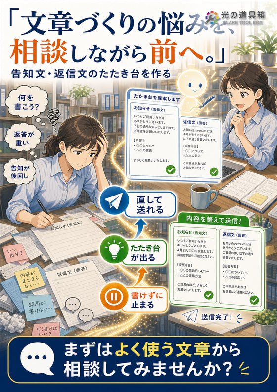 AIに相談しながら、文章作成・告知・返答を早くするのチラシ