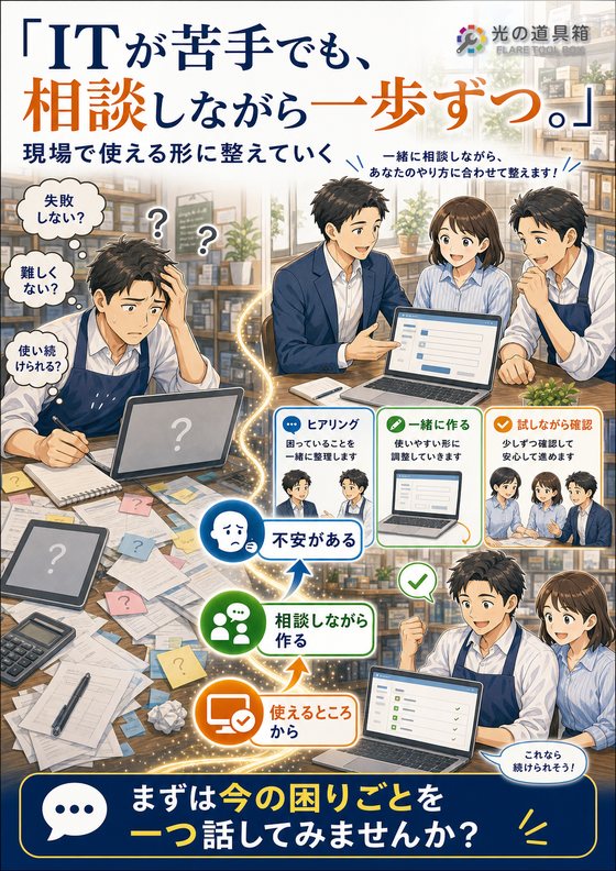 ITが苦手でも大丈夫。相談しながら業務改善を進めるのチラシ