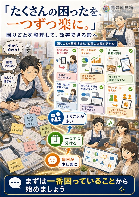 お店と会社の“困った”を、一つずつ楽にする仕組みのチラシ